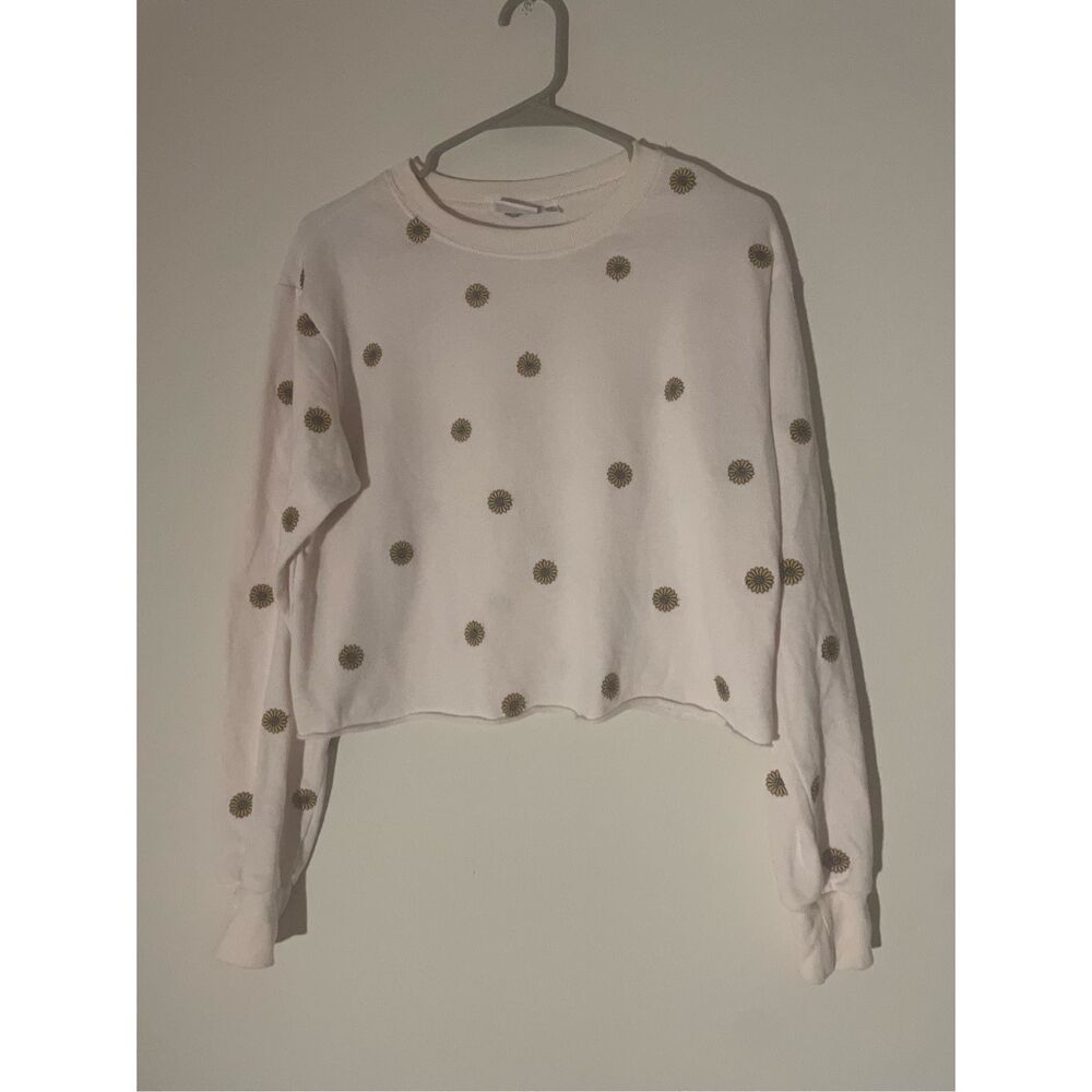 Mighty Fine Womens Medium Sunflower Cropped Crew Neck Embroidered Cream Sweater